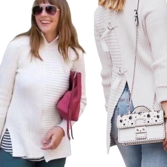 Cabi Asymmetrical D Ring Back Sweater Split Mock Neck Ribbed Pullover Cream XS - Picture 2 of 12